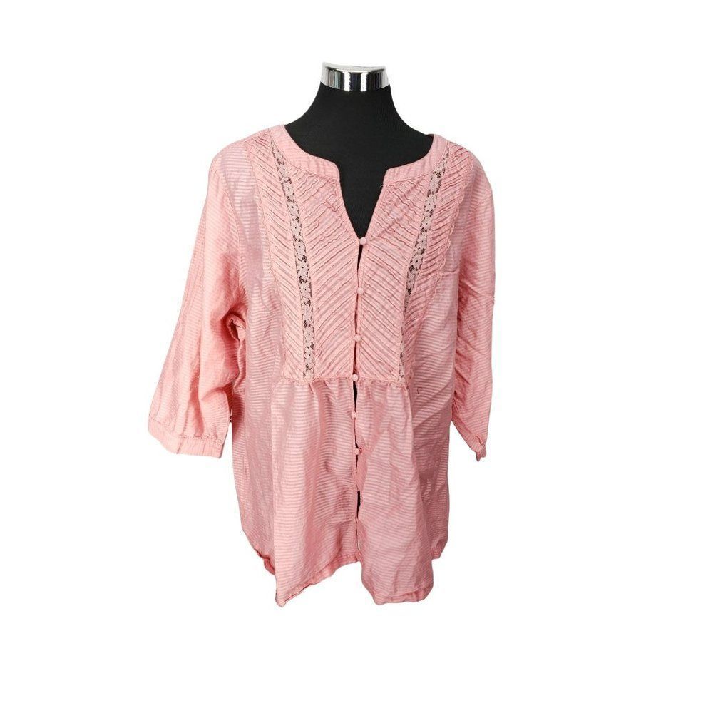 Avenue Behati Knit‎ 3/4 sleeve split neck Rosette 26/28 Button up Blouse Hippie